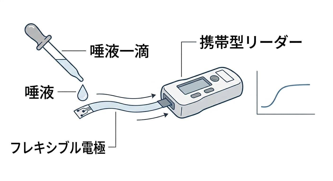唾液一滴をフレキシブル電極に垂らし、携帯型リーダーで読み取る過程を示した図