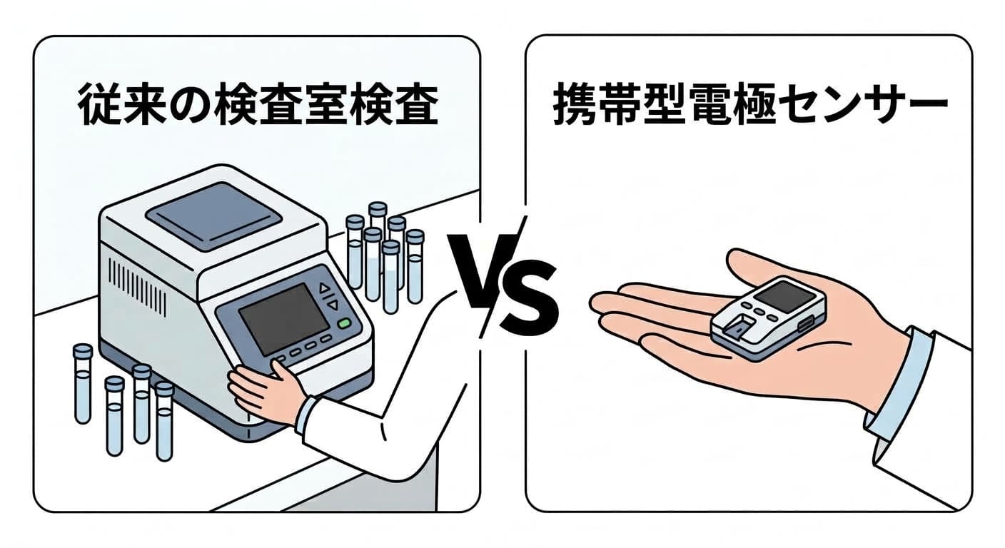 従来の検査室での遺伝子増幅検査機器と、手のひらに乗る携帯型電極センサーを並べて比較した図