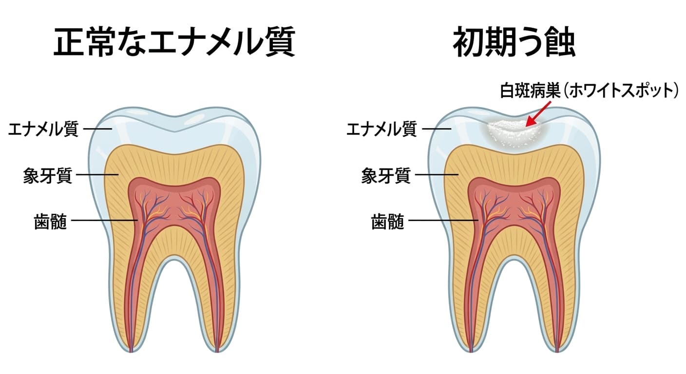 正常なエナメル質と初期う蝕(白斑病巣)の歯の断面比較。初期う蝕ではエナメル質表面のすぐ下にミネラルが失われた白い部分がある