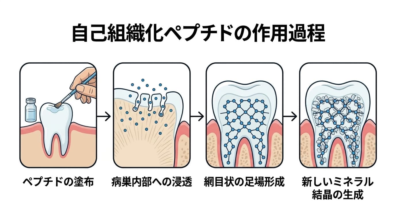 自己組織化ペプチドが歯の病巣に作用する4段階の過程。塗布、病巣内部への浸透、網目状の足場形成、新しいミネラル結晶の生成の順序を示す