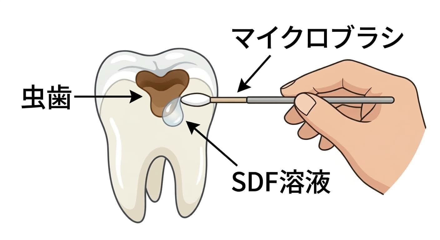 う蝕の穴にマイクロブラシでフッ化ジアミン銀(SDF)溶液を塗布している様子