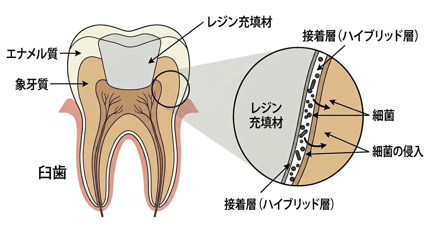 レジン充填材と歯の間の接着層(ハイブリッド層)が裂けた隙間から細菌が入り込む様子を示す概念図