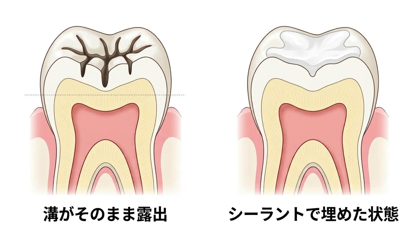 子どもの奥歯のかみ合わせ面で、溝がそのまま露出した状態とシーラントで埋めた状態を並べて比較した断面図