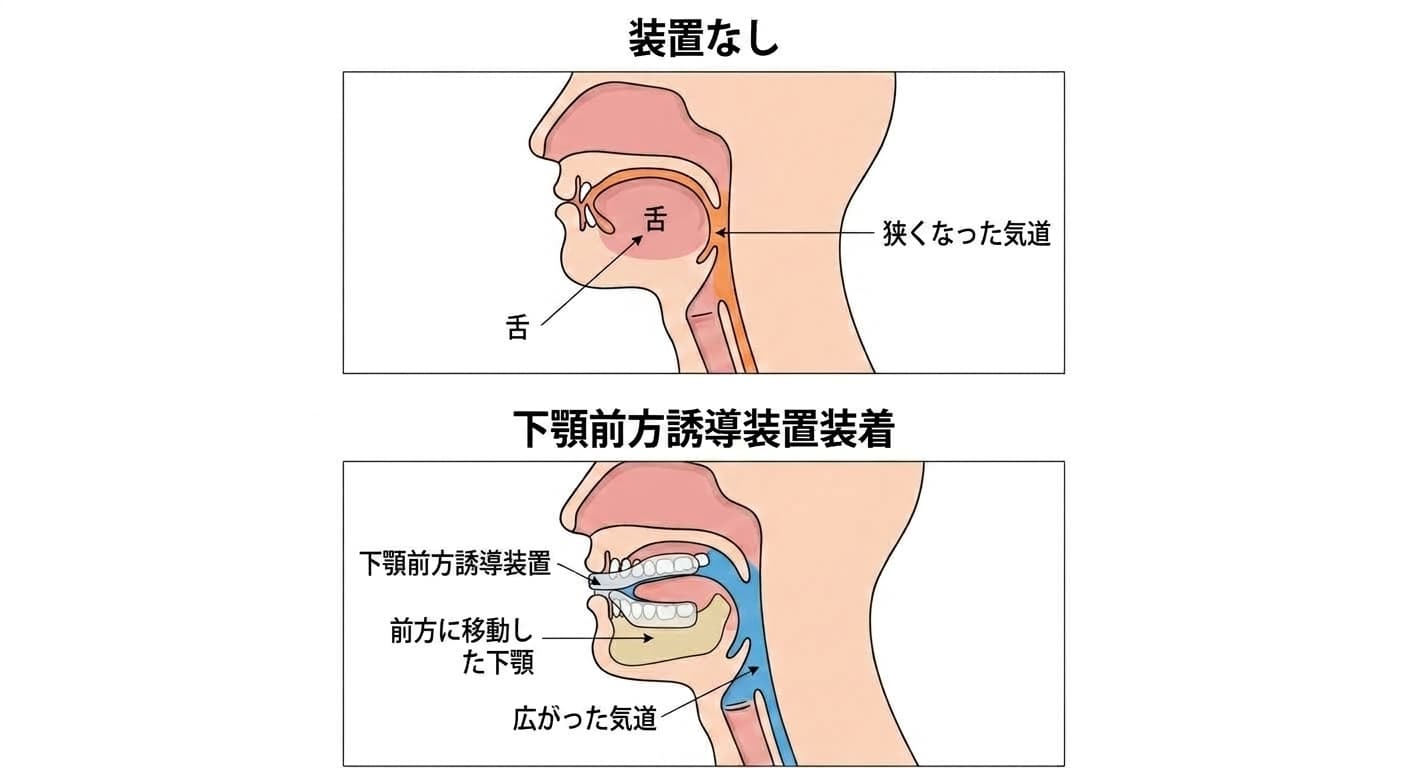 装置を使わない場合と下顎前方誘導装置を装着した場合の側面から見た気道断面の比較。装置を使うと下顎と舌が前方に移動して気道が広がる。