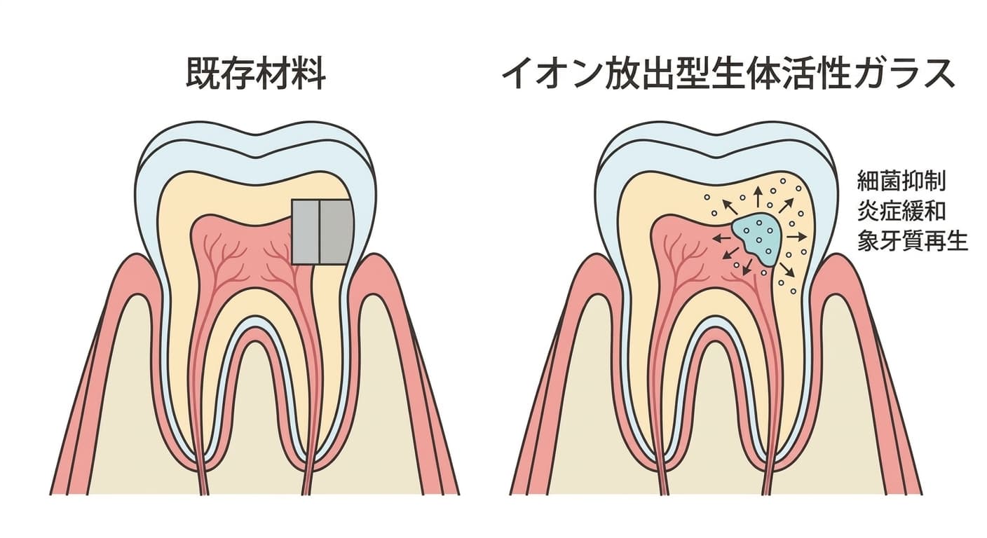 既存材料は露出した歯髄の上に単純な材料で穴を塞ぐだけだが、イオン放出型生体活性ガラスは細菌抑制・炎症緩和・象牙質再生の信号を同時に広げる様子を比較した歯の断面図