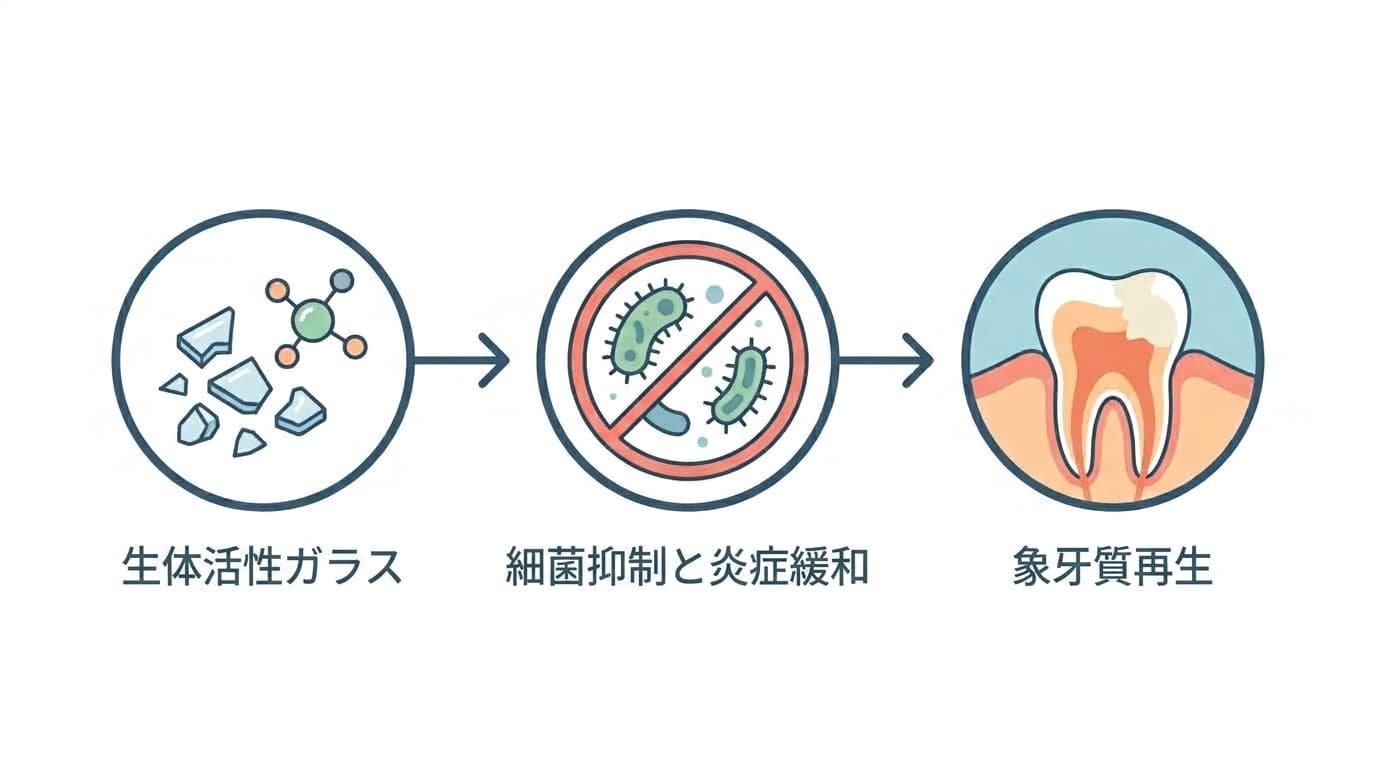 生体活性ガラスからイオンが放出され、細菌抑制と炎症緩和を経て象牙質再生へとつながる3段階を示した流れ図