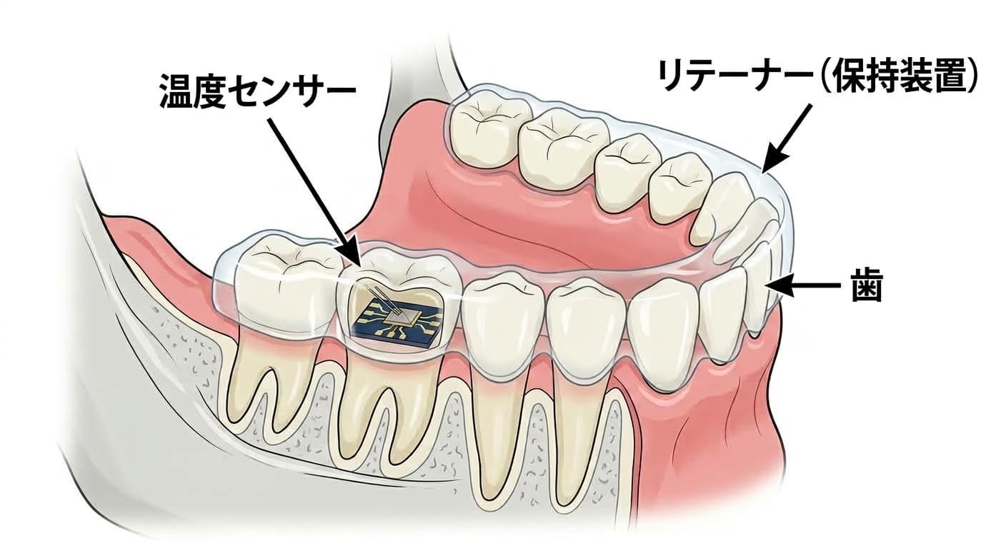 リテーナー(保持装置)の内側に組み込まれた温度センサーが、歯の上での装着状況を検知する様子を示す断面図