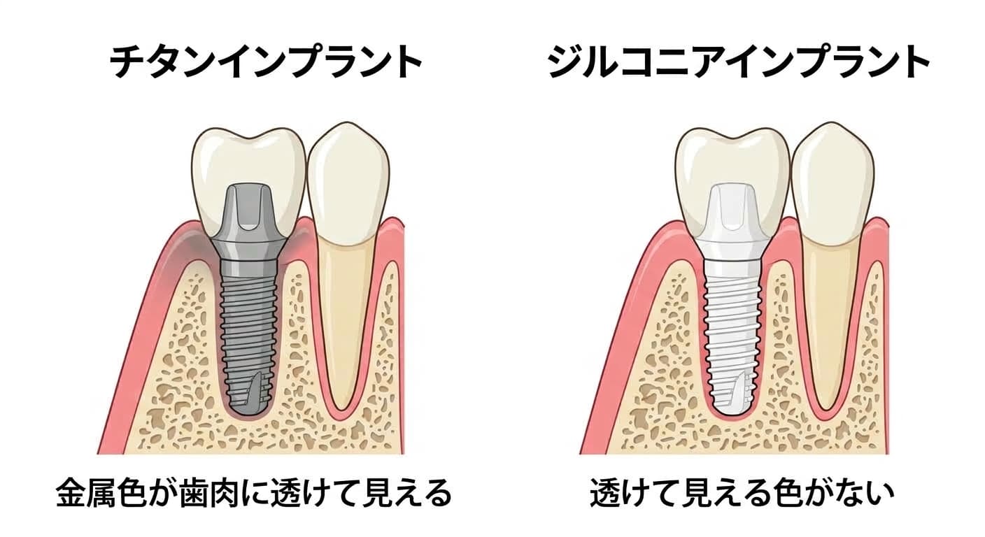 チタンインプラントとジルコニアインプラントを薄い歯肉の下に埋入した場合の、金属色が透けて見える度合いを比較した図。チタンは金属色が透けて見え、ジルコニアは透けて見える色がない。