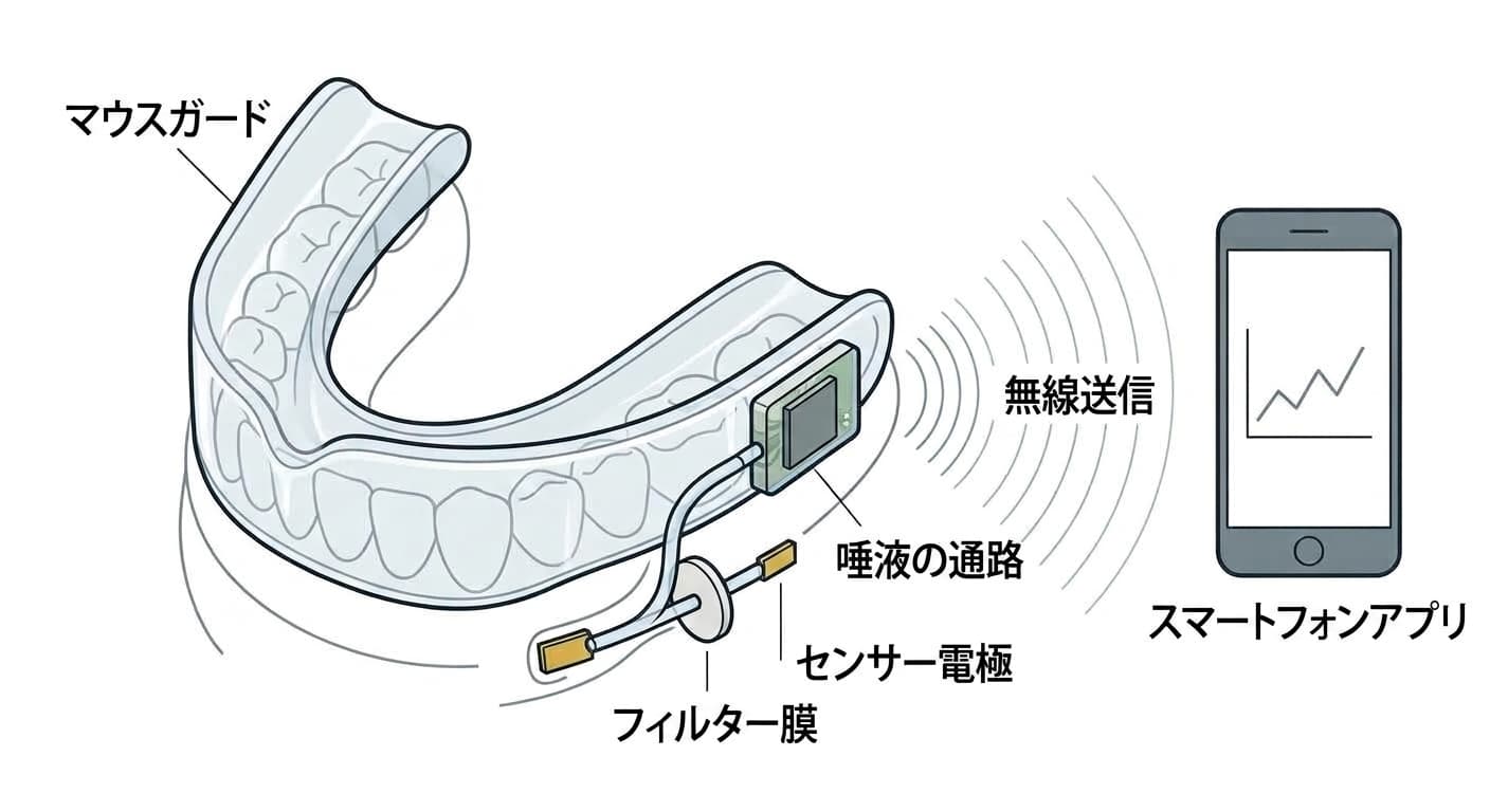 マウスガードの中に組み込まれたセンサー電極とフィルター膜が唾液を通し、無線でスマートフォンに値を送信する仕組み