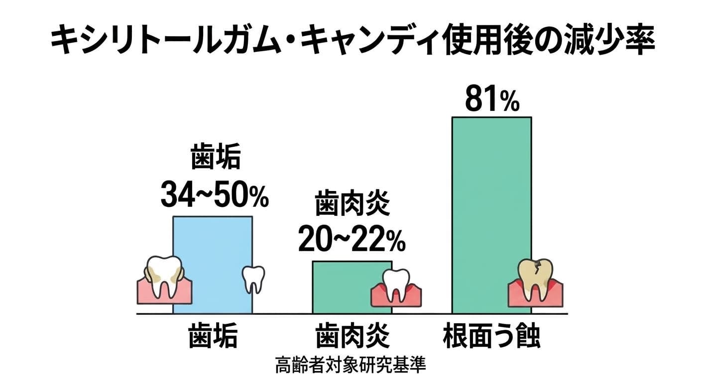 高齢者を対象にした研究でキシリトールガム・キャンディを使用した後、歯垢が34~50%、歯肉炎が20~22%、根面う蝕が81%減少したことを示す棒グラフ