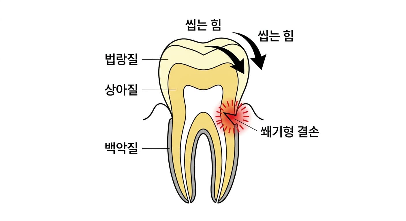 씹는 힘에 의해 치아가 휘면서 치경부에 쐐기 모양 결손이 생기는 과정을 보여주는 치아 단면 모식도