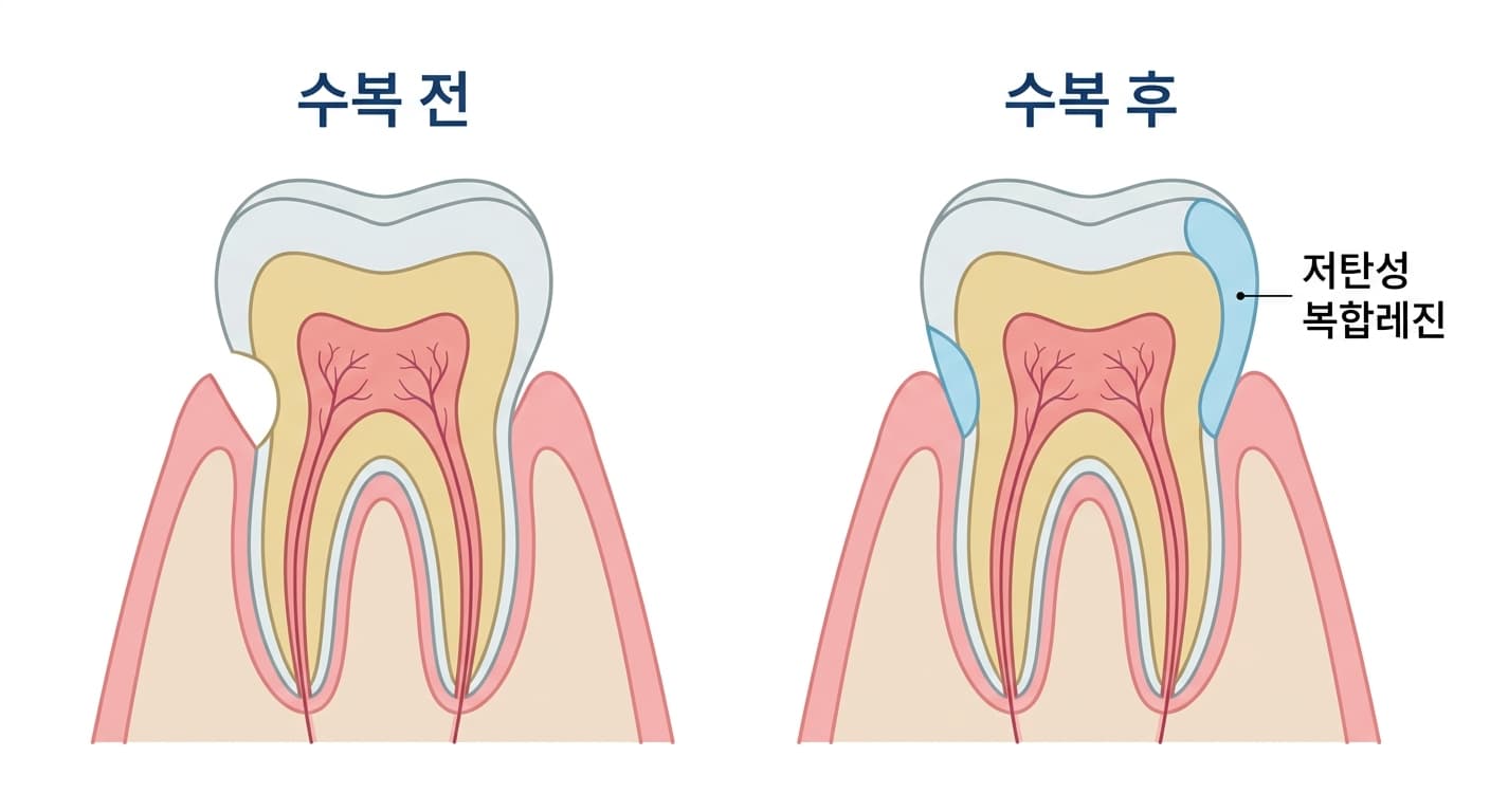 치경부에 생긴 쐐기 모양 결손을 저탄성 복합레진으로 채우기 전과 후를 비교한 치아 단면 모식도