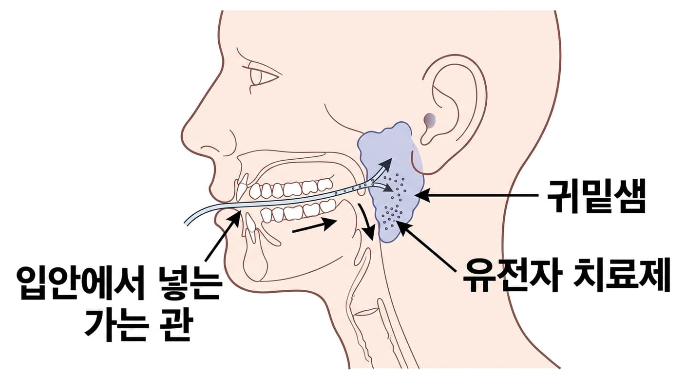 뺨 안쪽 어금니 옆 귀밑샘 입구로 가는 관을 넣어 유전자 치료제를 귀밑샘 안으로 직접 흘려 넣는 투여 방식을 보여주는 그림