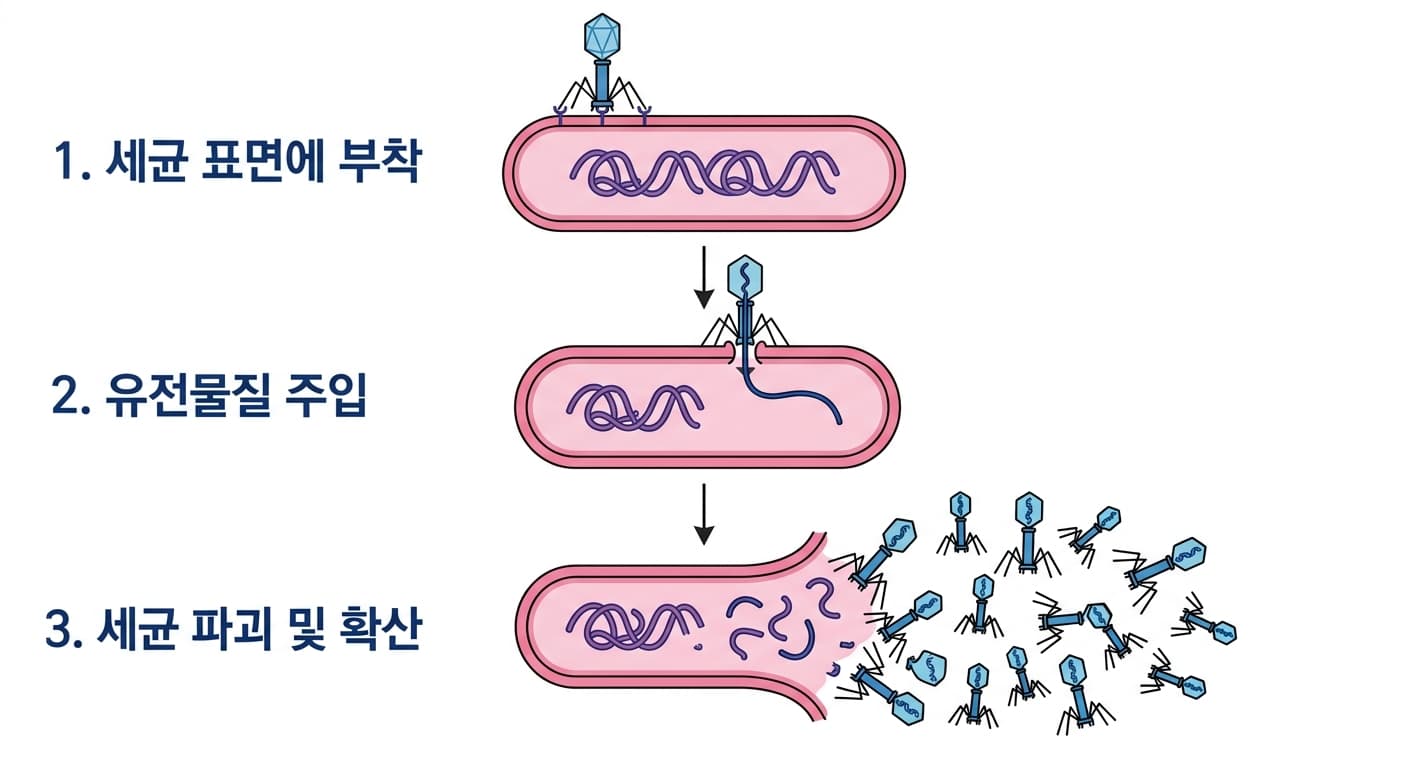 박테리오파지가 세균 표면에 붙어 유전물질을 주입하고 세균을 터뜨려 퍼져나가는 3단계 과정도