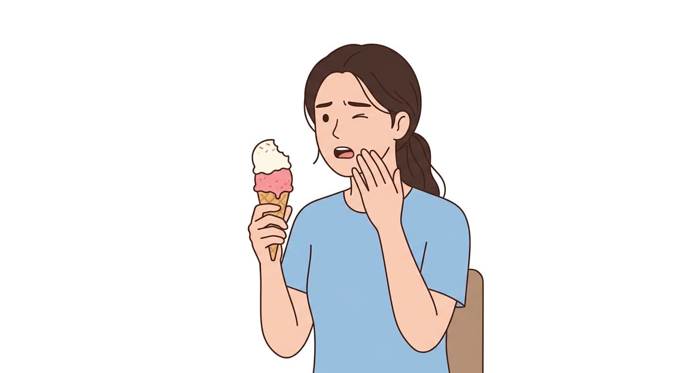 아이스크림을 먹다 인상을 찌푸리며 뺨을 짚은 사람. 찬 음식에 이가 시린 순간을 나타낸다.