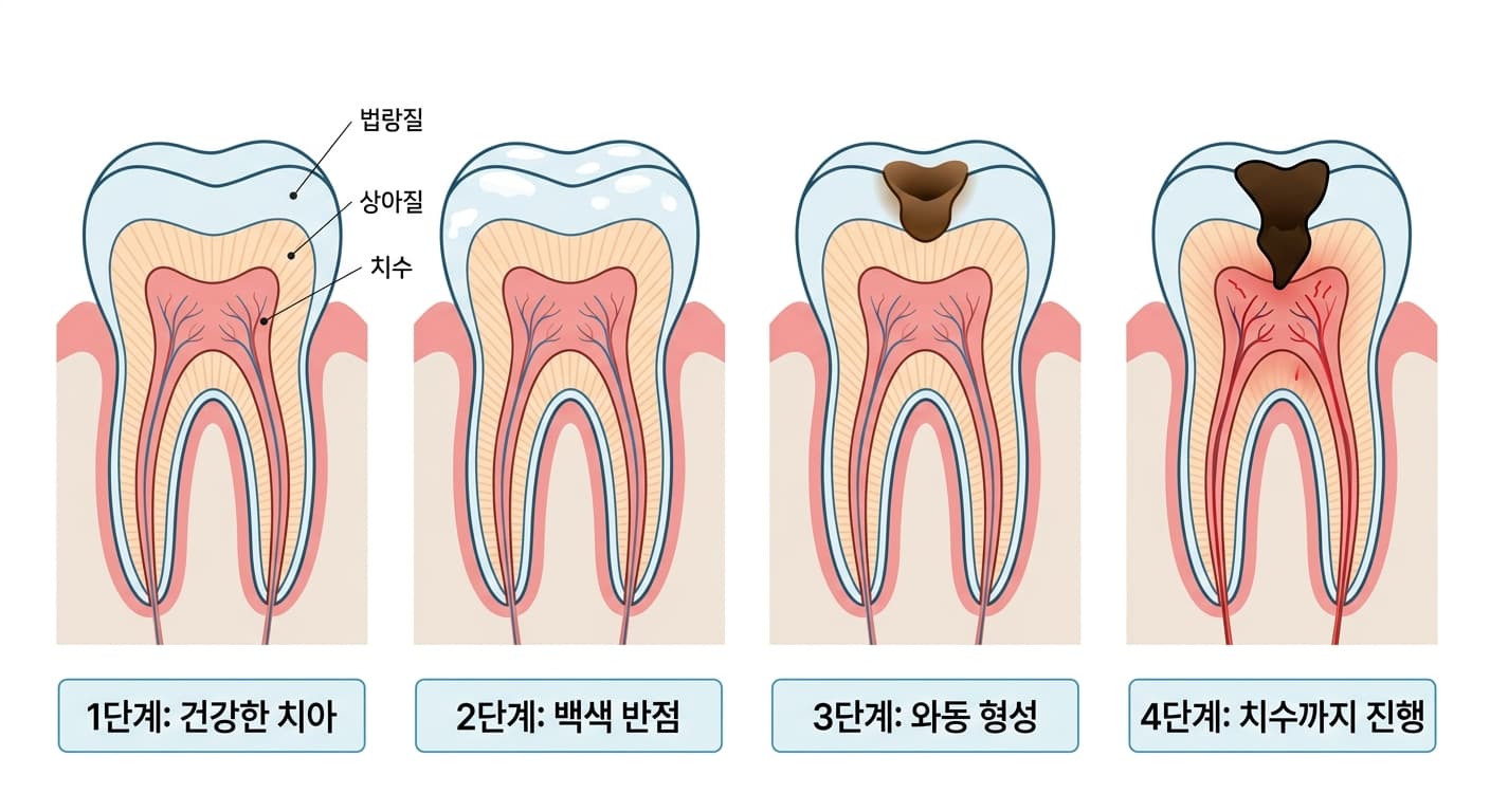치아우식증의 진행 단계: 건강한 치아부터 백색 반점, 와동 형성, 치수까지 진행되는 모습을 비교한 단면도