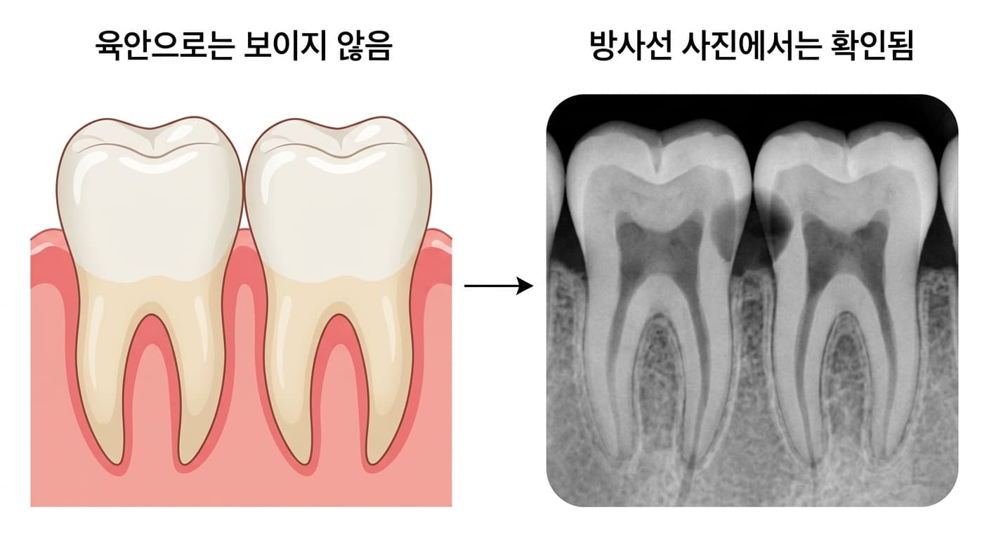 이 사이(인접면) 충치는 육안으로 보이지 않지만 방사선 사진에서는 어둡게 나타나는 모습을 비교한 그림