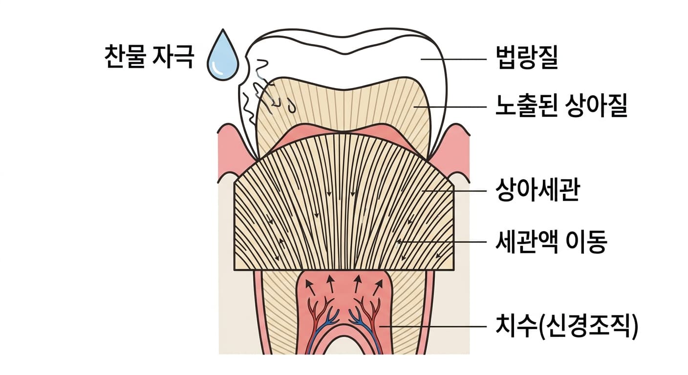 상아질 지각과민증의 통증 발생 기전. 찬물 자극이 노출된 상아질 표면에 닿으면 상아세관 안의 액체가 움직이고, 그 움직임이 치수의 신경을 자극해 통증 신호로 전달된다