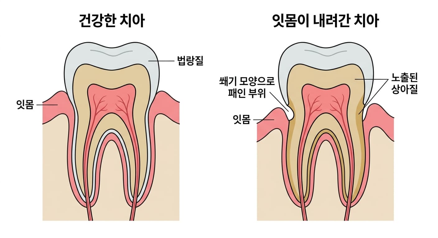 건강한 치아와 잇몸이 내려간 치아의 단면 비교. 건강한 치아는 잇몸이 치아 목 부분을 덮고 있지만, 잇몸이 내려간 치아는 뿌리 쪽 상아질이 드러나고 잇몸 경계 부위에 쐐기 모양으로 패인 부위가 생길 수 있다