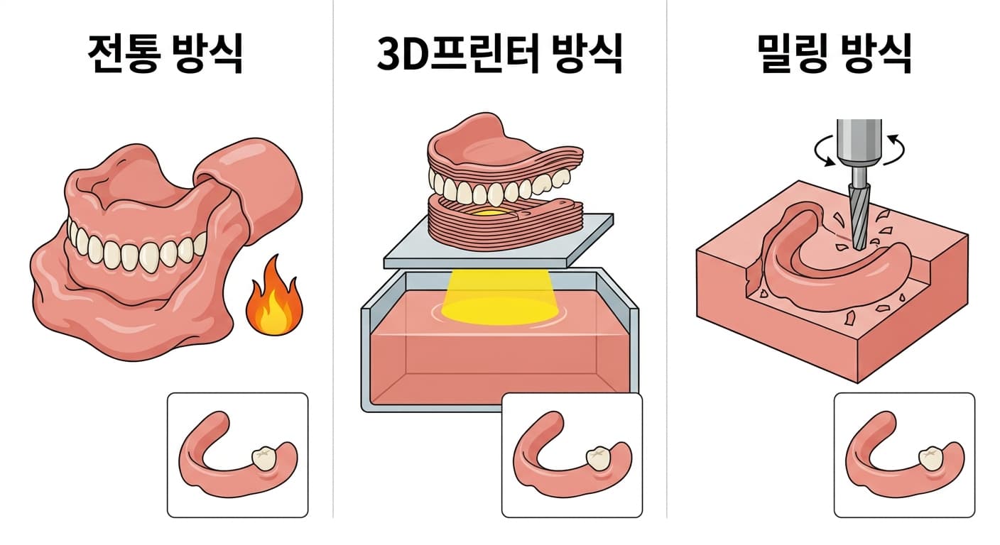 틀니를 만드는 세 가지 방법을 나란히 비교한 그림. 왼쪽은 반죽 같은 레진에 치아를 파묻어 열로 굳히는 전통 방식, 가운데는 액체 레진을 층층이 쌓아 굳히는 3D프린터 방식, 오른쪽은 단단한 블록을 절삭 날로 깎아내는 밀링 방식을 보여준다