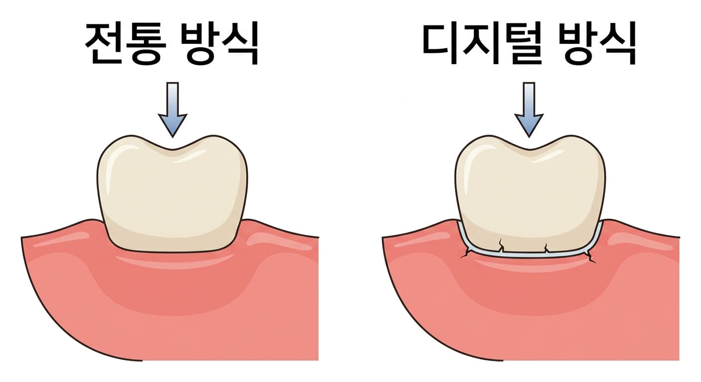 치아와 틀니 바닥이 만나는 부위의 단면을 두 방식으로 비교한 그림. 왼쪽 전통 방식은 경계선 없이 하나로 매끄럽게 이어져 있고 오른쪽 디지털 방식은 접착제 층의 경계선을 따라 작은 균열이 벌어져 있다