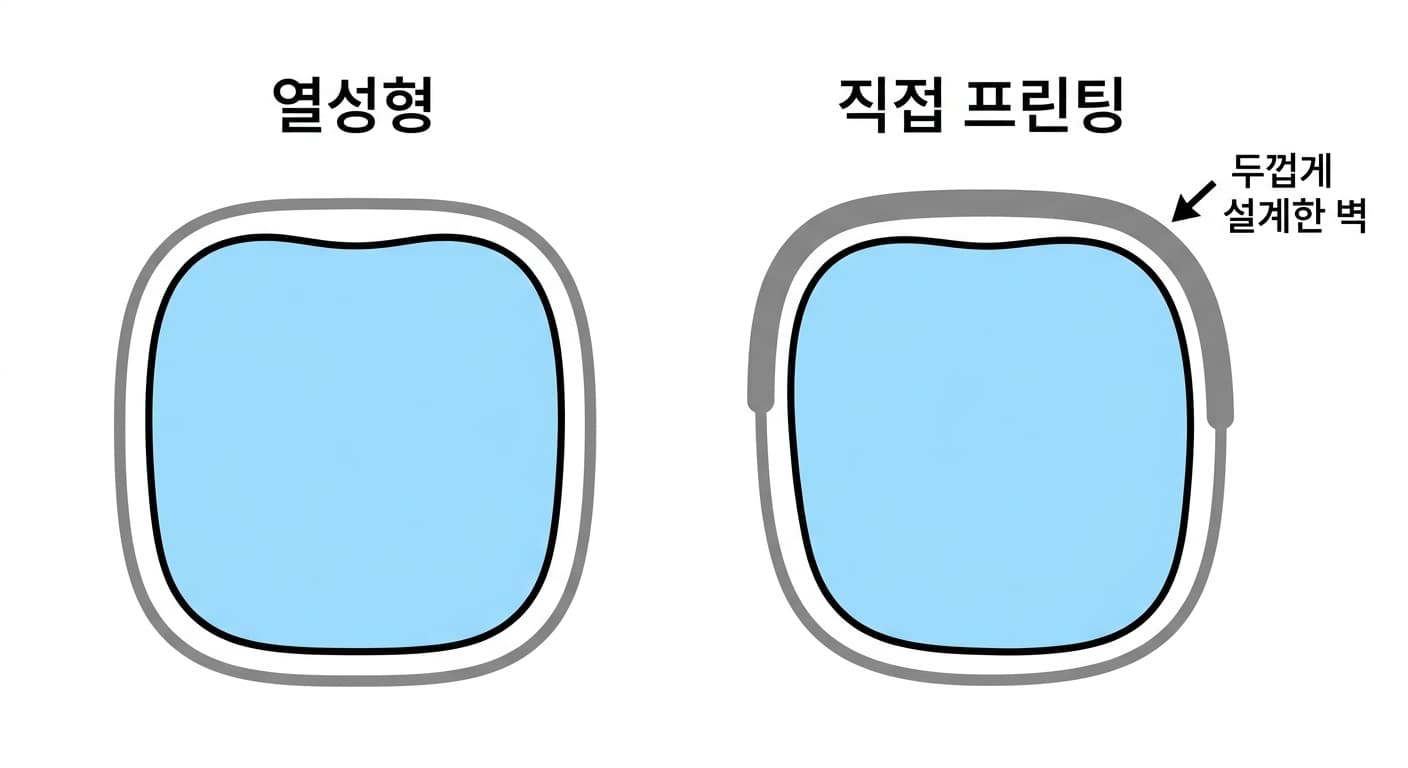 얼라이너 벽 두께가 균일한 열성형 단면과 부위마다 두께가 다른 직접 프린팅 단면을 비교한 그림