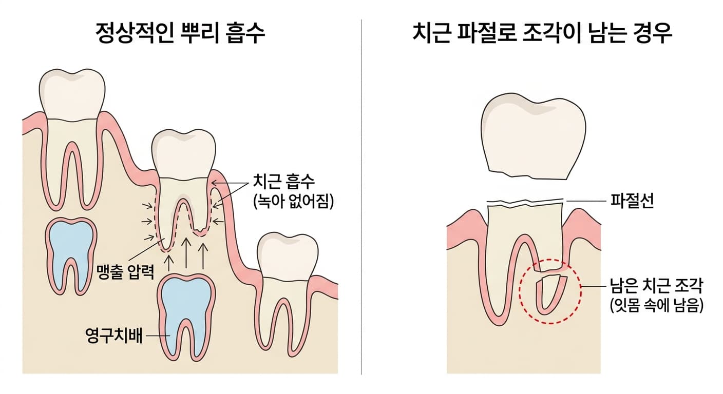정상적으로 뿌리가 녹아 없어지는 유치와, 파절선을 따라 뿌리 조각이 잇몸 속에 남는 경우를 비교한 그림
