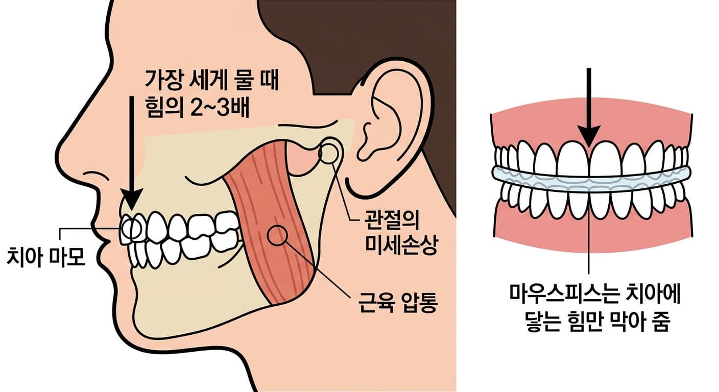 가장 세게 물 때 힘의 2~3배에 이르는 이가는 힘이 치아 마모, 근육 압통, 턱관절의 미세손상으로 이어질 수 있음을 보여주고 마우스피스는 치아에 닿는 힘만 막아 준다는 개념도