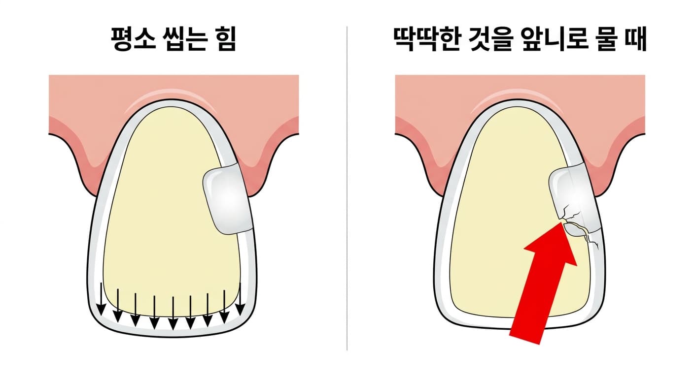평소 씹는 힘은 앞니 절단면에 고르게 분산되지만 딱딱한 것을 앞니로 물면 레진으로 때운 부위의 경계 한 점에 힘이 집중되어 미세한 틈이 생기는 모습을 비교한 그림