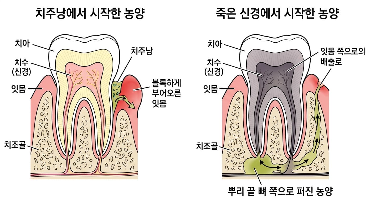 치주낭에서 시작한 농양과 죽은 신경에서 시작한 농양을 비교한 치아 단면 개념도