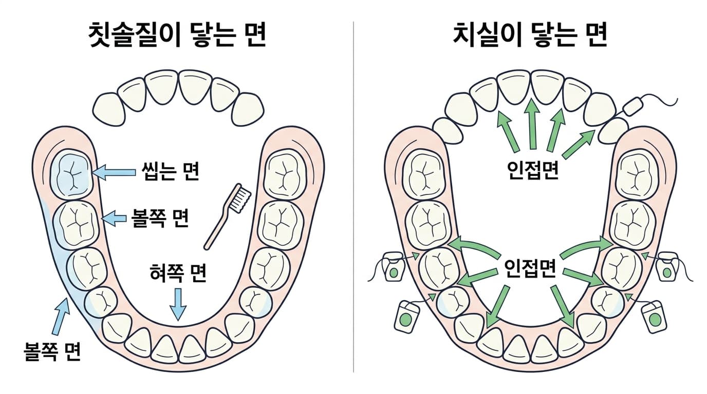 칫솔질이 닿는 면과 치실이 닿는 면을 비교한 그림. 칫솔은 씹는 면·볼쪽 면·혀쪽 면에 닿고 치실은 치아 사이 인접면에 닿는다.