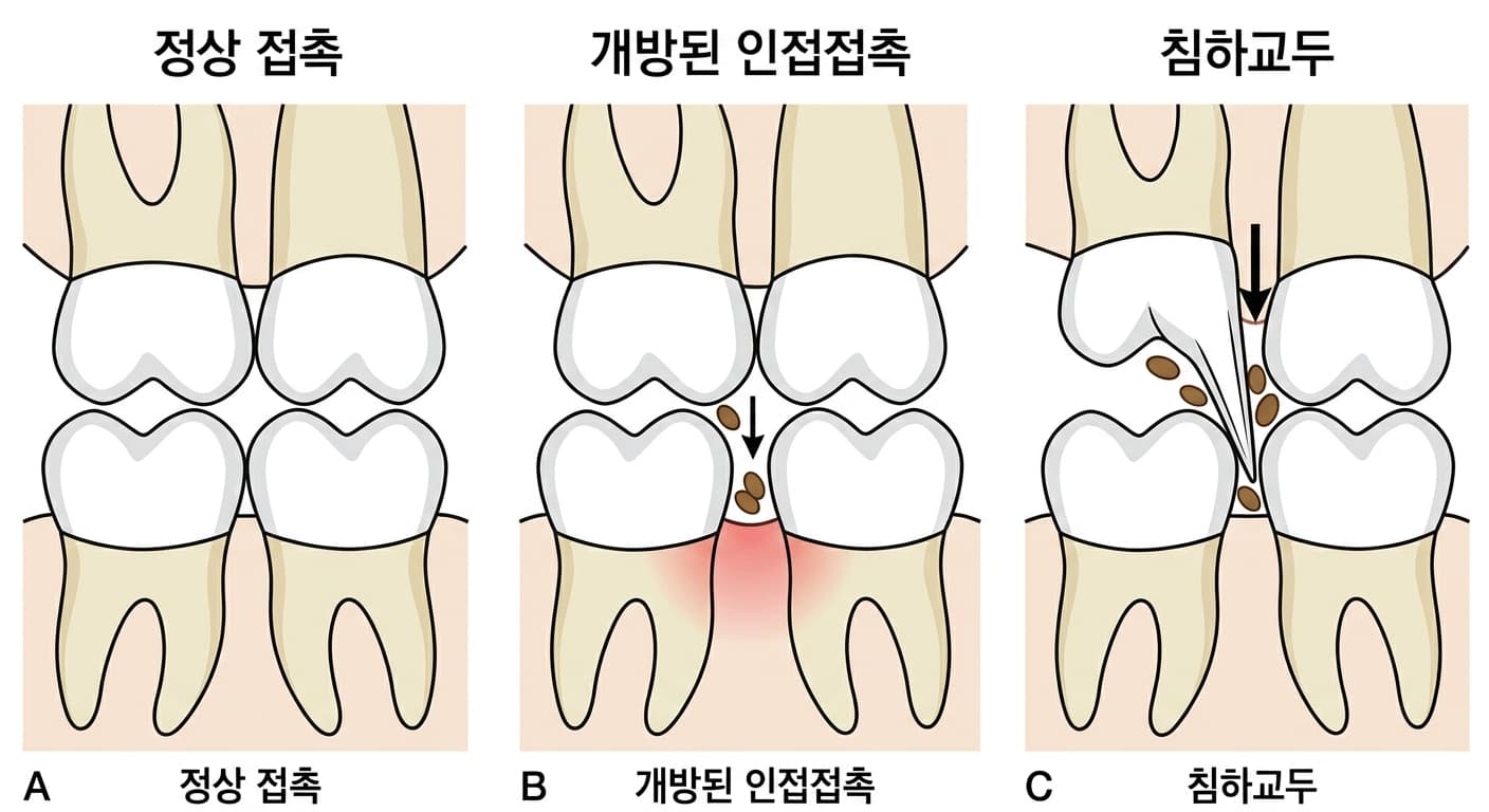 치아 사이 음식물 압입의 두 원인. A는 정상 접촉, B는 벌어진 틈으로 음식물이 끼고 잇몸에 염증이 생기는 개방된 인접접촉, C는 반대쪽 교두가 파고들어 음식물을 밀어 넣는 침하교두를 보여준다