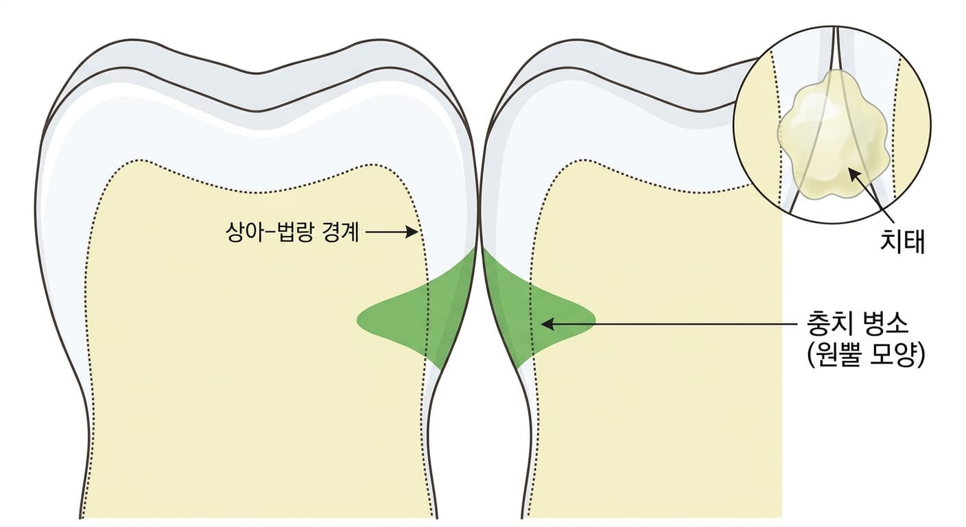 인접면 충치의 진행 모양. 접촉점 아래 치태가 쌓인 자리에서 시작해 법랑질 표면에서는 넓고 안쪽 상아-법랑 경계로 갈수록 좁아지는 원뿔 모양으로 진행한다