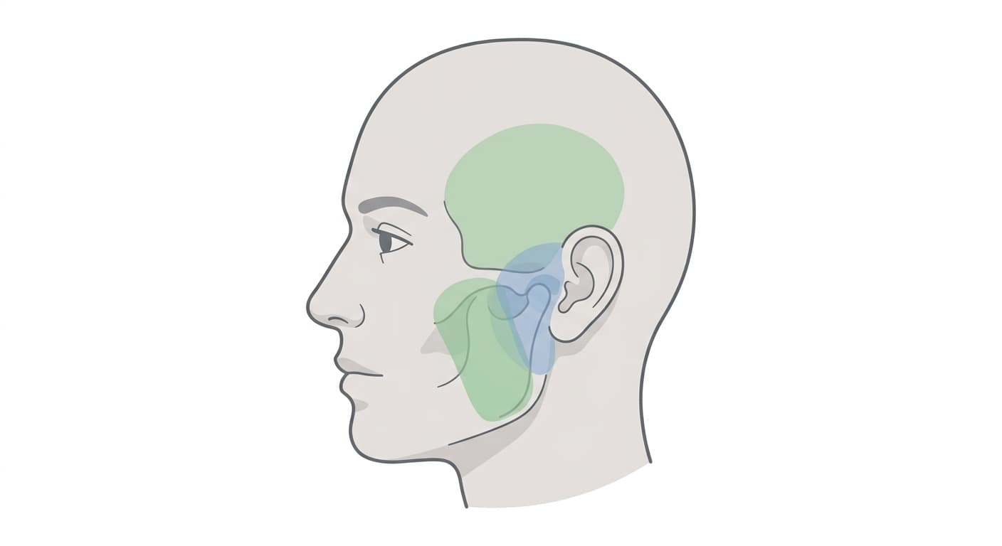 턱관절 부위와 그 주변 저작근 부위를 서로 다른 색으로 구분해 표시한 옆모습 두상 그림