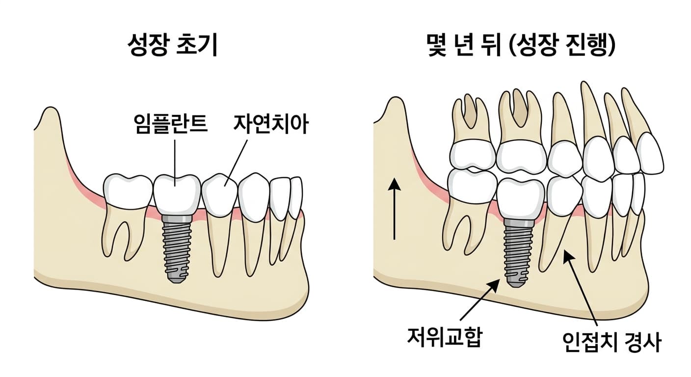 성장 초기와 몇 년 뒤를 비교한 그림. 자연치아는 턱뼈와 함께 위로 이동하지만 임플란트는 원래 자리에 남아 저위교합과 인접치 경사가 나타난다