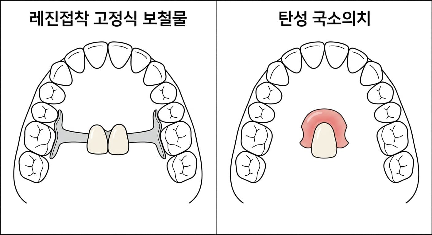 치아 한 개가 없는 자리를 관리하는 두 가지 방법을 비교한 그림. 왼쪽은 양옆 치아 뒷면에 접착하는 레진접착 고정식 보철물, 오른쪽은 금속 고리 없이 탈부착하는 탄성 국소의치를 보여준다