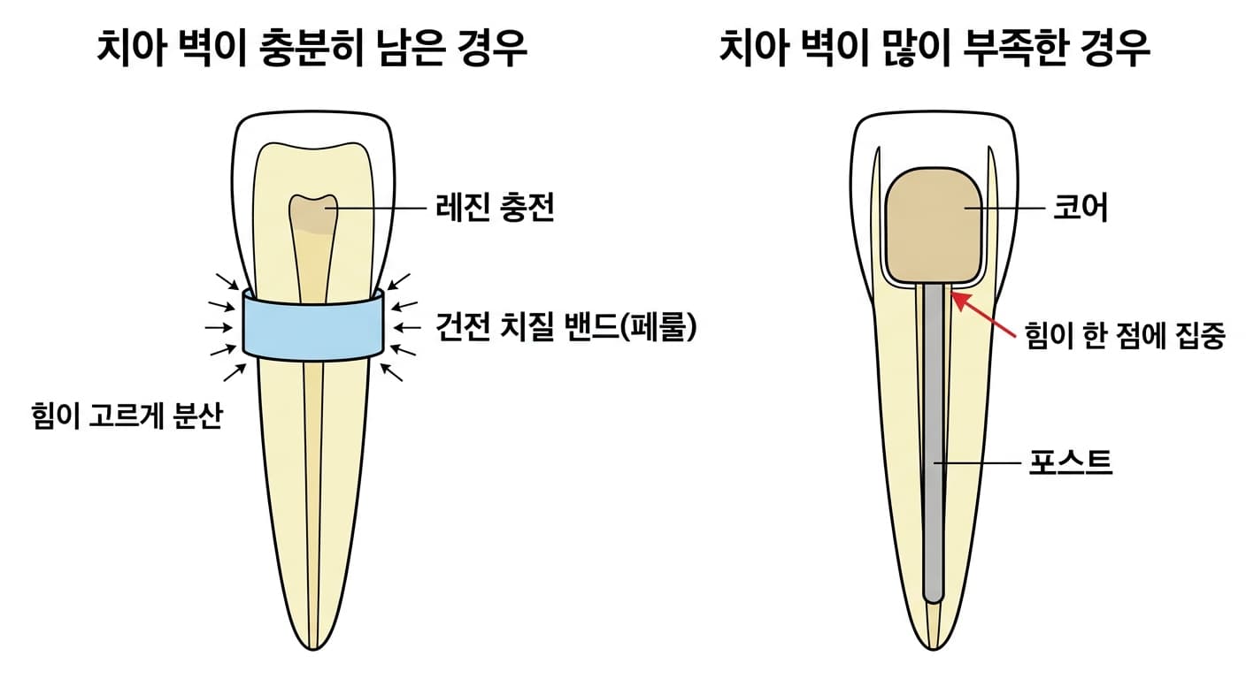 신경치료한 앞니에서 치아 벽이 충분히 남은 경우와 많이 부족한 경우, 힘이 퍼지는 방식을 비교한 단면도