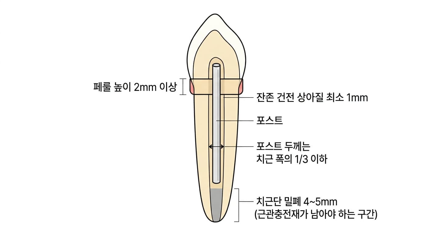 신경치료한 앞니에 포스트를 넣을 때 지켜야 하는 최소 치수를 표시한 단면도