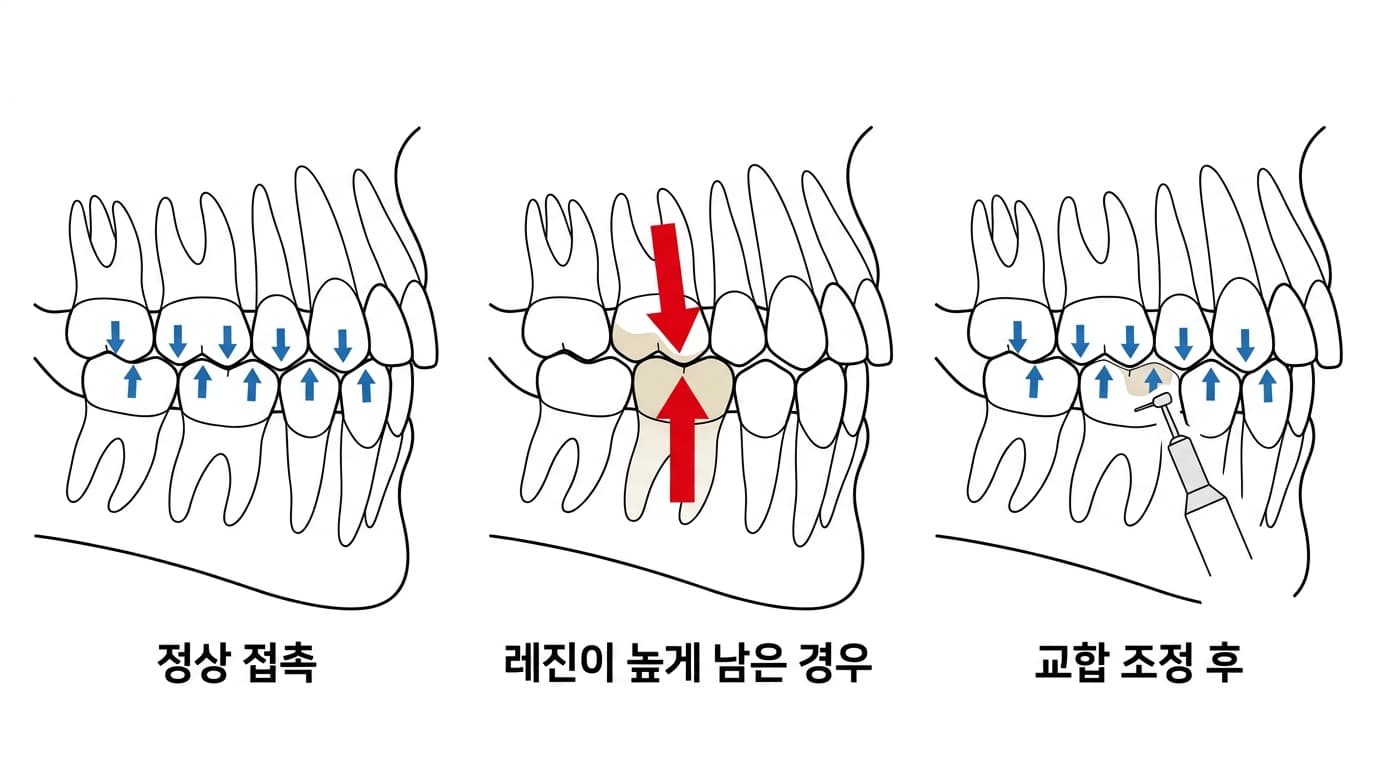 정상 접촉, 레진이 높게 남아 힘이 몰린 경우, 교합 조정 후 힘이 고르게 나뉘는 모습을 비교한 그림
