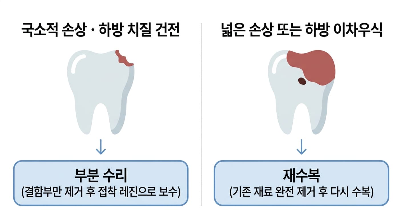 국소적 손상이고 하방 치질이 건전하면 결함부만 제거해 접착 레진으로 보수하는 부분 수리로, 손상이 넓거나 하방에 이차우식이 있으면 기존 재료를 완전히 제거하고 다시 수복하는 재수복으로 나뉘는 것을 비교한 그림