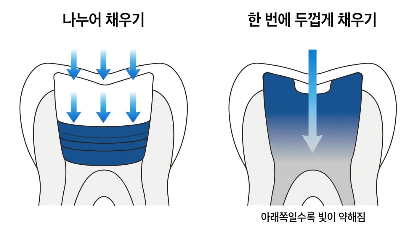 얇게 나누어 채운 층은 빛이 고르게 닿아 전체가 충분히 굳지만, 한 번에 두껍게 채운 층은 아래로 갈수록 빛이 약해져 덜 굳을 수 있음을 비교한 그림