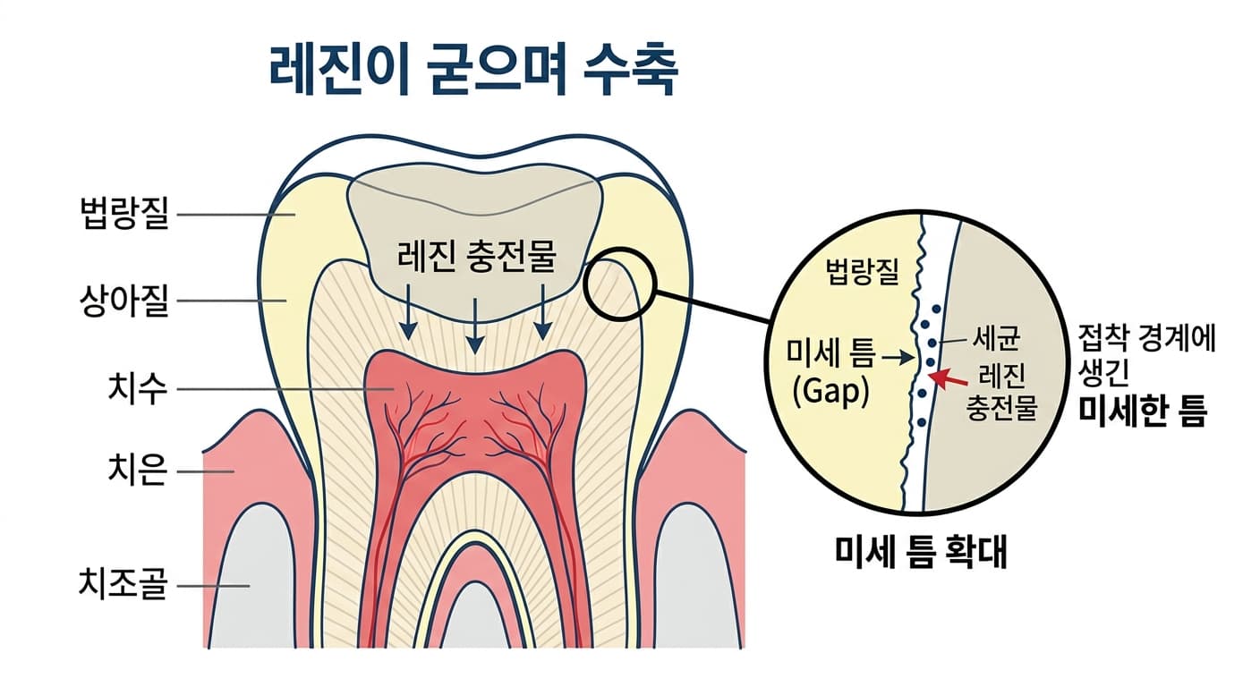 레진이 굳으며 수축해 치아와 레진이 맞닿는 경계에 미세한 틈이 생기고, 그 틈으로 세균이 드나들 수 있음을 보여주는 그림