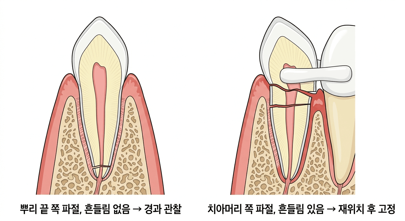 치근 파절 위치가 뿌리 끝 쪽인지 치아머리 쪽인지에 따라 치료가 달라지는 것을 비교한 그림