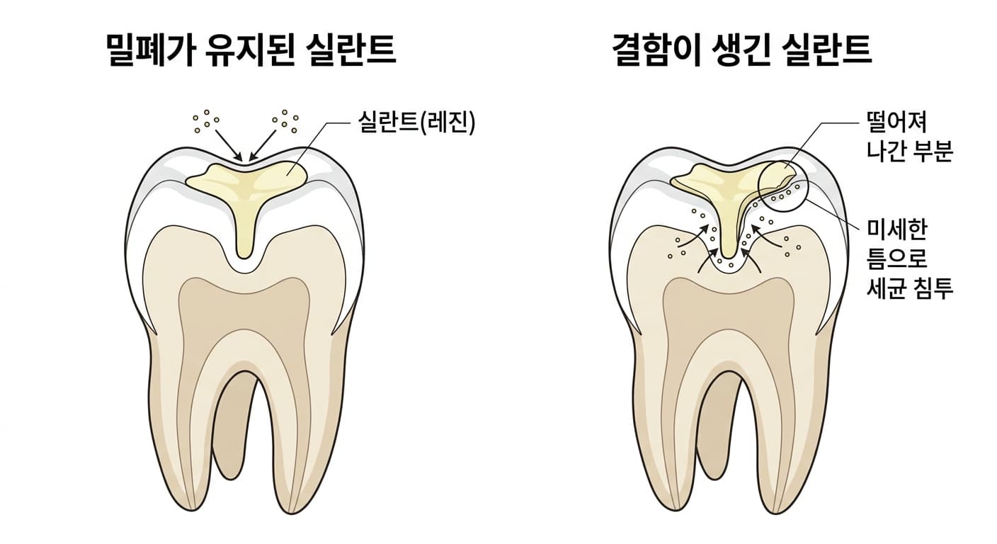 실란트가 홈을 빈틈없이 메운 상태와, 일부가 떨어져 나가거나 미세한 틈으로 세균이 침투하는 결함 상태를 비교한 어금니 단면 그림