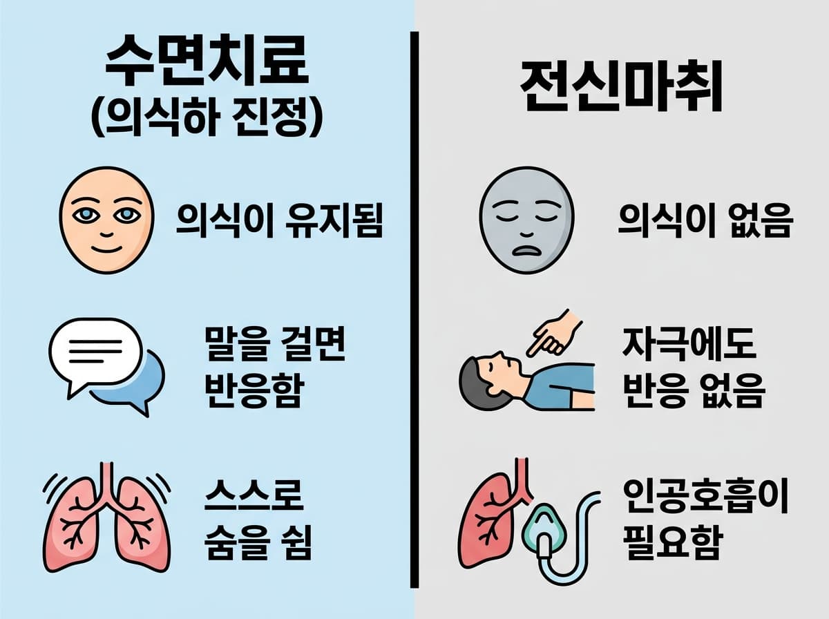 수면치료와 전신마취를 의식, 반응, 호흡 세 가지 기준으로 비교한 그림. 수면치료는 의식이 유지되고 말을 걸면 반응하며 스스로 숨을 쉬지만, 전신마취는 의식이 없고 자극에도 반응이 없으며 인공호흡이 필요하다