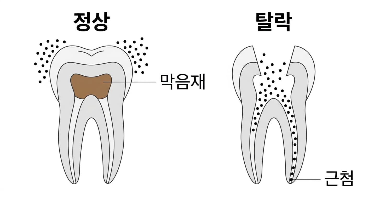 신경치료 중인 치아 단면에서 막음재가 근관 입구를 막아 세균이 못 들어오는 정상 상태와, 막음재가 빠져 세균이 근관을 따라 뿌리 끝(근첨)까지 내려가는 상태를 비교한 개념도