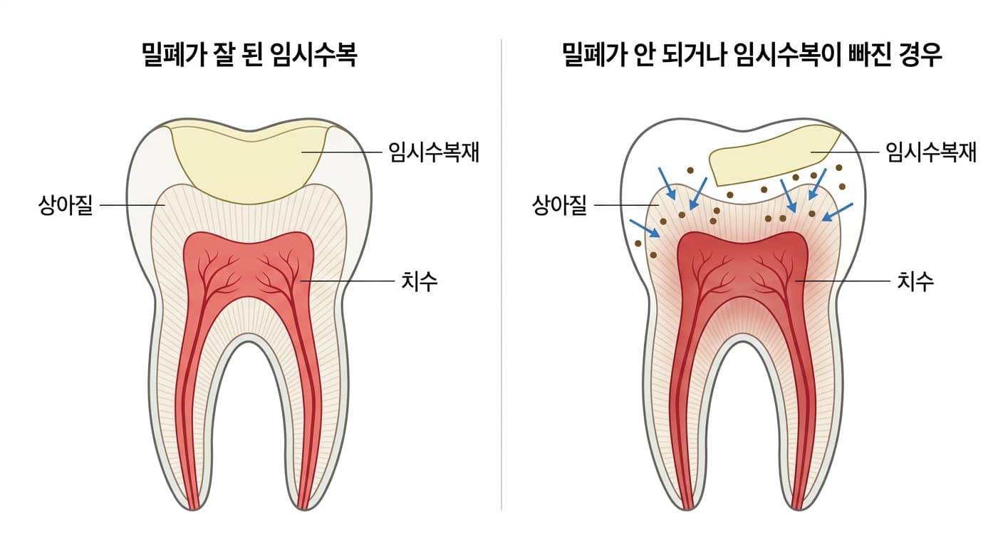 임시수복이 가장자리까지 잘 밀폐된 경우와 가장자리가 들떠 상아질이 드러난 경우를 나란히 비교해, 자극과 세균 침투 위험의 차이를 보여주는 비교도