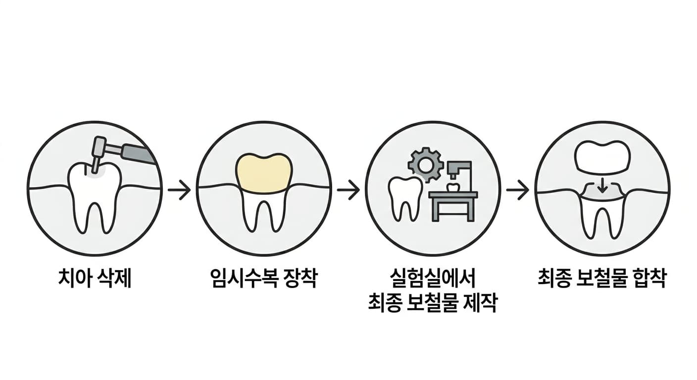 치아 삭제부터 임시수복 장착, 실험실에서의 최종 보철물 제작, 최종 보철물 합착까지 이어지는 네 단계 과정을 보여주는 도식