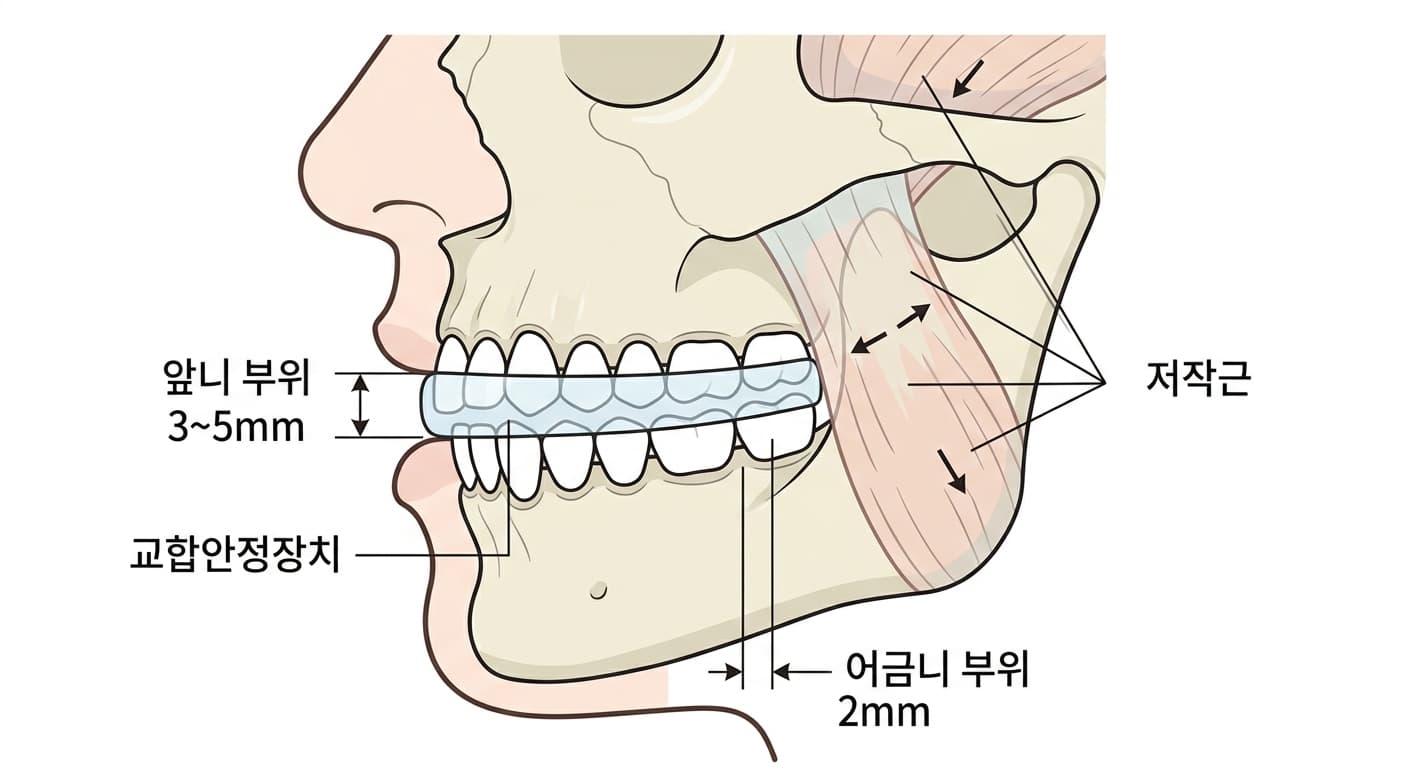 교합안정장치를 낀 상태에서 앞니와 어금니 부위가 벌어지는 정도, 저작근 부위를 함께 보여주는 개념도