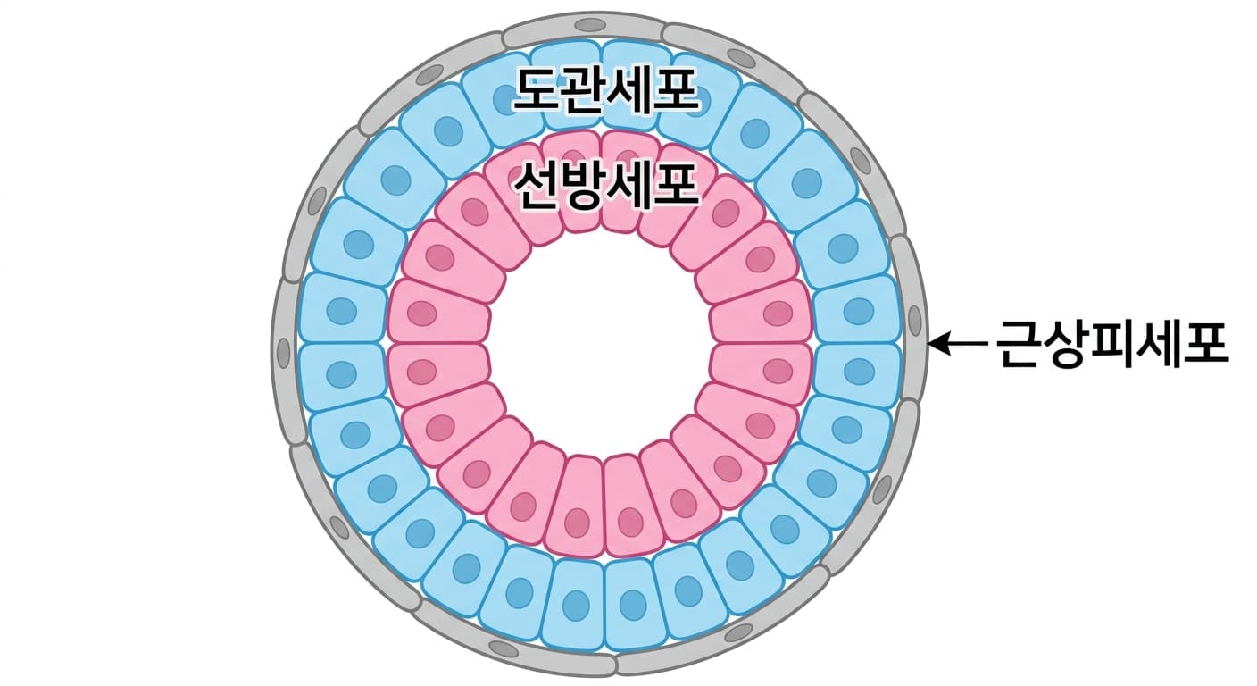 침샘 오가노이드 단면. 침을 만드는 선방세포, 그 바깥의 도관세포, 가장 바깥의 근상피세포가 겹겹이 둘러싼 구조를 보여준다